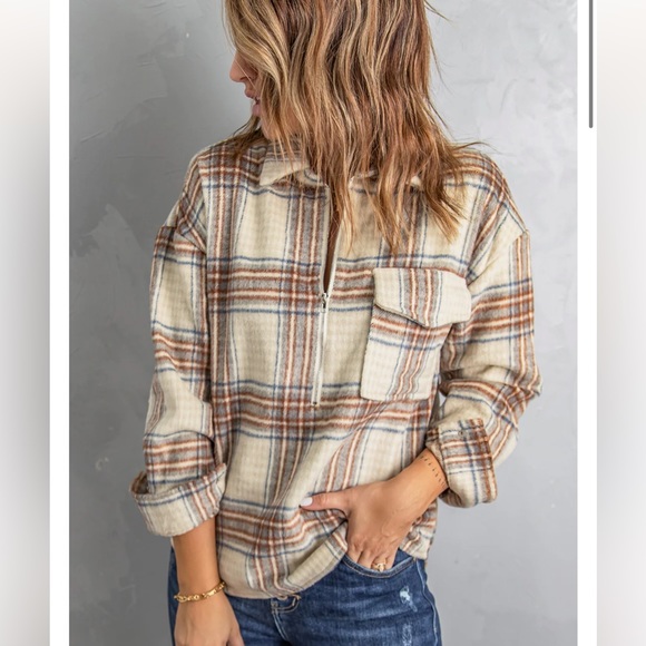 Women’s Plaid Half Zip Up Collared Fall Sweater Shacket - Picture 1 of 8